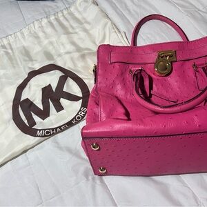 Michael Kors Hot Pink Ostrich-Texture Satchel with Gold Hardware